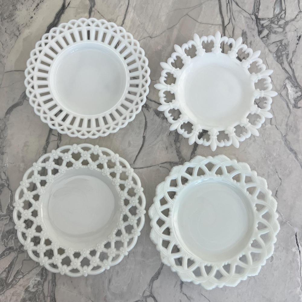 Set of 4 unique vintage milk glass plates by Canton and Westmoreland